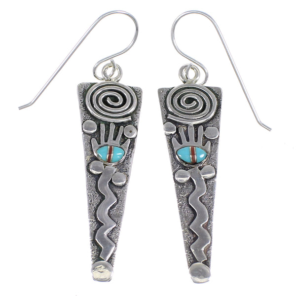 Sterling Silver Turquoise And Coral Southwest Hand Water Wave Hook Dangle Earrings YX68097